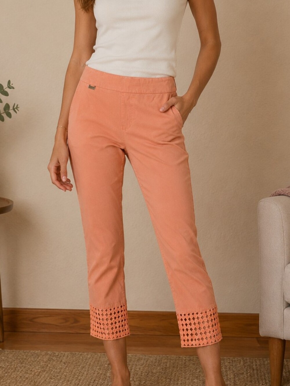 Peck & Peck Peach Cropped Pants with Crochet Latice Hem